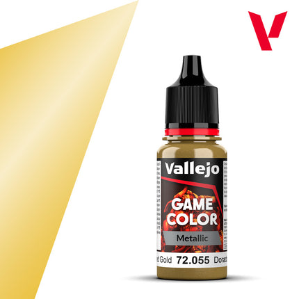 Vallejo Game Color Glorious Gold metallic verf, pot met gouden verf en kwast, klaar voor modellering en miniaturen.