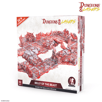 Uitgebreid terreinbeeld van de Belly of the Beast van Dungeons&Lasers, gedetailleerde fantasy-wereld setting voor bordspellen.