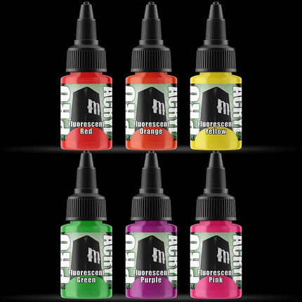 Pro Acryl fluorescerende verf set met levendige kleuren op witte achtergrond, geschikt voor artistiek en creatief gebruik