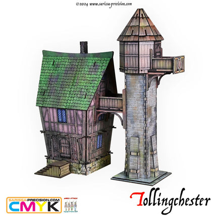 Gedetailleerde scène van Tollingchester observatorium van Sarissa Precision, met gebouwen en landschap voor modelbouw.