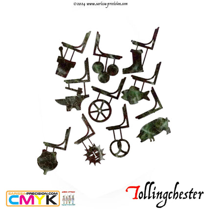 Schaalmodel van een Tollingchester scène met Shop & Trade borden, gemaakt door Sarissa Precision, gedetailleerde miniatuur decor.