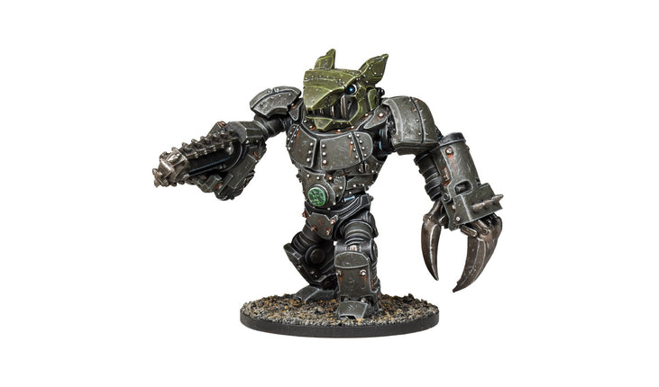 Levensgrote Deadzone Marauder Gruntbot van Warband, een gedetailleerd miniatuur met mechanisch ontwerp en groene camouflage.