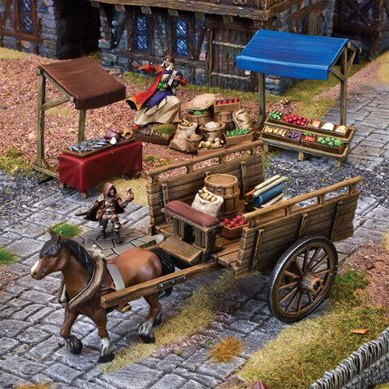 Miniatuur van een paardenkoets en paard uit de Terrain Crate serie van Mantic Games, 28mm fantasy pvc-figuur.
