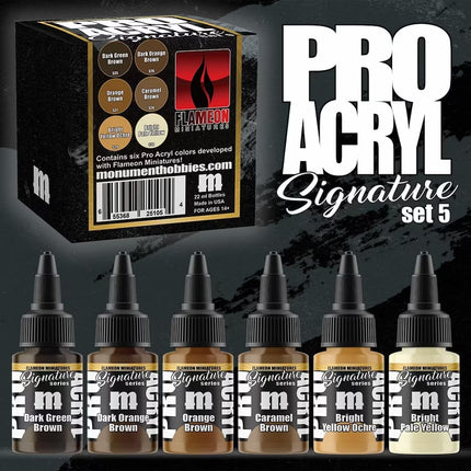 Pro Acryl Signature Set 6 Flameon acrylverf potjes met felgekleurde verf en verfkwasten, ideaal voor artistiek schilderwerk.