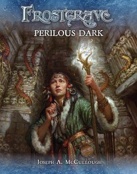 Frostgrave Perilous Dark regelboek van Frostgrave met kleurrijke cover en illustraties voor bordspelspelers.