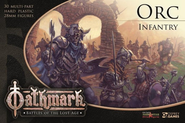Oathmark Orc Infantry miniaturen met groene huid en wapens, klaar voor het gevecht, gedetailleerde fantasy miniaturen.
