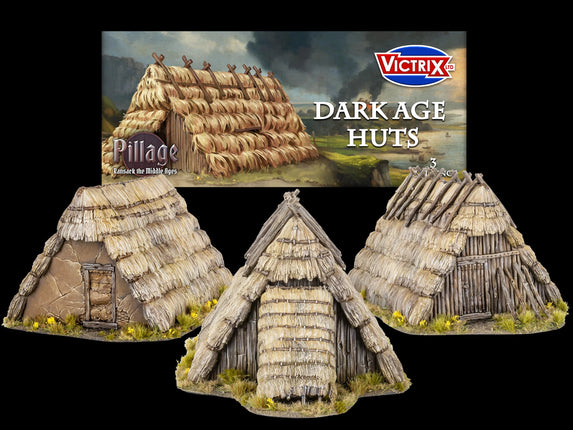 Miniatuur van Dark Age Huts van Victrix, gedetailleerde houten hutten voor historische speeltafel of verzamelproject.