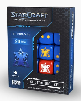 StarCraft Terran Custom Dobbelstenen set met unieke symbolen voor het bordspel, zichtbaar op witte achtergrond.
