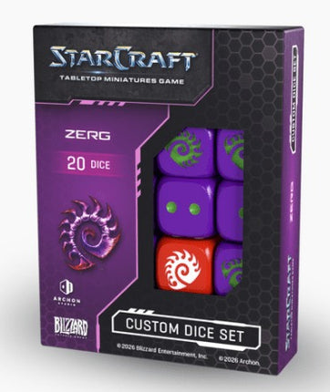 StarCraft Zerg dobbelstenen set met unieke Zerg-ontwerpen en details voor bordspellen en tabletop gaming.