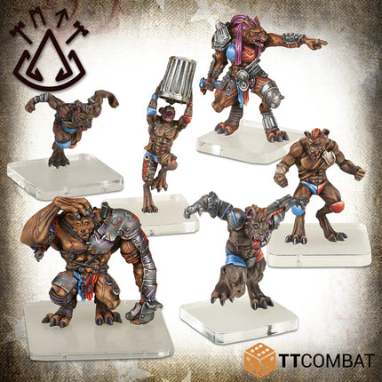 Rumbleslam Slumdog Scrappers warband miniaturen, Gnollgroep figuren in actie voor bordspellen en tabletop gaming.