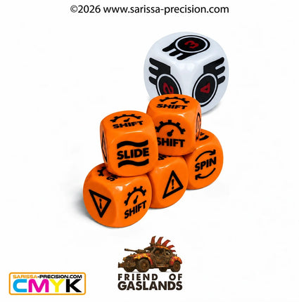Oranje Gaslands Refuelled skid en gear fase dobbelstenen, game materialen voor Gaslands Refuelled, zichtbaar op de afbeelding.
