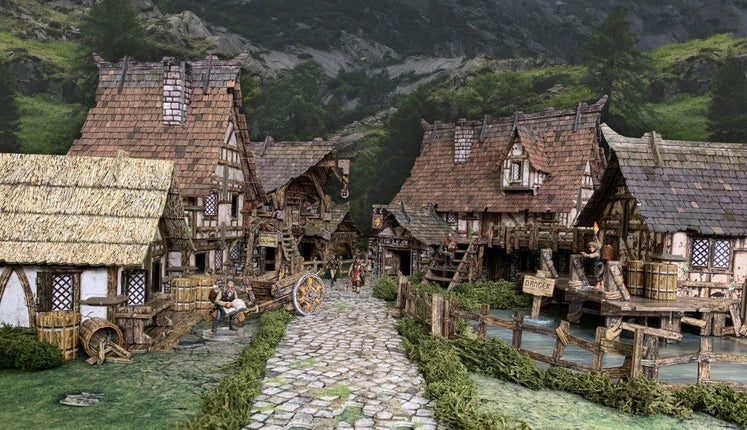 Gedetailleerde fantasiebos met dorpje scenery van Battlesystems, ideaal voor tabletop rollenspellen en miniaturen.