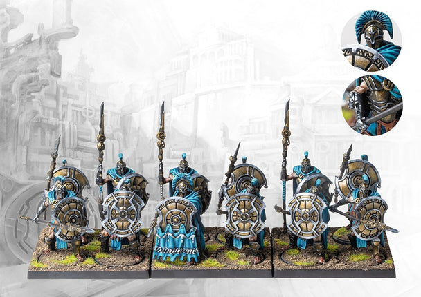 Afbeelding van de City States Hoplites van Conquest, oude Griekse soldaten met helmen en wapens in een veld.