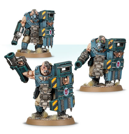 Imperium Warhammer 40.000 Astra Militarum Bullgryns miniatuur set met gewapende soldaten en gedetailleerde sculpturen.