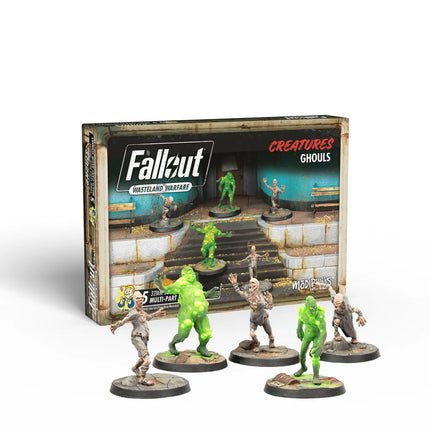 Groep miniaturen van Ghouls uit Fallout Wasteland Warfare, gedetailleerde Fallout Ghouls set in post-apocalyptische stijl