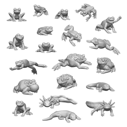 3D-geprinte set met kikkers en padden van GreenStuffWorld, gedetailleerde miniaturen voor modelleren en bordspellen