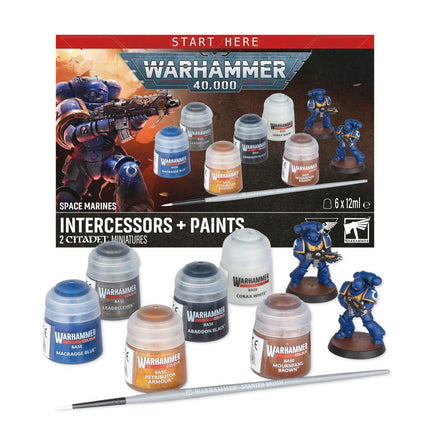 Startset met Warhammer 40.000 Space Marines Intercessors en verf, inclusief miniaturen en verfpotten voor modelbouw en schilderen.