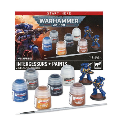 Startset met Warhammer 40.000 Space Marines Intercessors en verf, inclusief miniaturen en verfpotten voor modelbouw en schilderen.