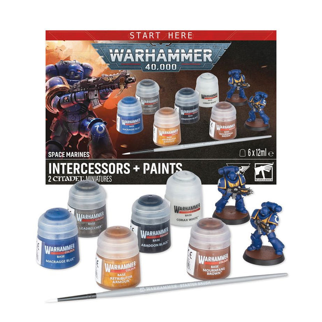 Startset met Warhammer 40.000 Space Marines Intercessors en verf, inclusief miniaturen en verfpotten voor modelbouw en schilderen.