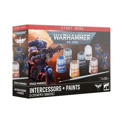 Set met Space Marines Intercessors en verf van Warhammer 40.000, inclusief miniaturen en verfpotten voor modellering.