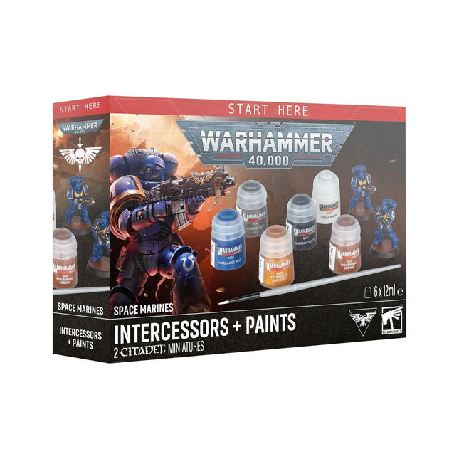 Set met Space Marines Intercessors en verf van Warhammer 40.000, inclusief miniaturen en verfpotten voor modellering.
