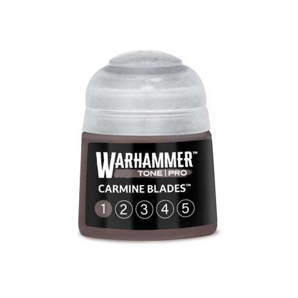 Verfpot van Warhammer Colour Tone Pro Carmine Blades, 112 ml, roze-rode verf voor modelkleuren en details.