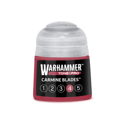 Warhammer Colour Tone Pro Carmine Blades verf in 4x 12ml potjes, heldere rode verf voor modelkleuren en details.