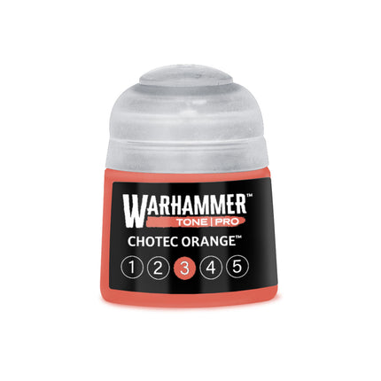 Oranje verf van Warhammer Colour Tone Pro Chotec Orange 3, 312 ml, met pot en kleurstaal zichtbaar.