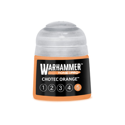 Warhammer Colour Tone Pro Chotec Orange 5 verf in 512ml fles, oranje tint met verfpot en kleurstaal zichtbaar.