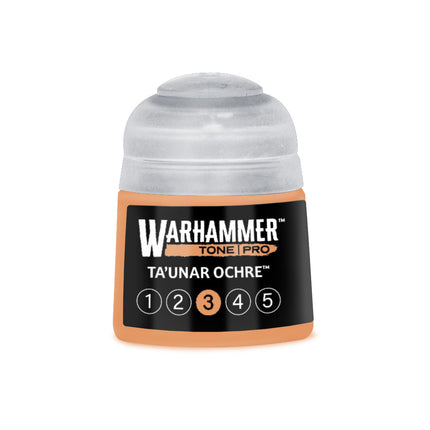Verfpot van 312 ml Warhammer Colour Tone Pro Ta'unar Ochre, gele aardetint voor modelbouw en miniaturen