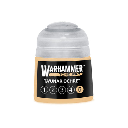 Warhammer Colour Tone Pro Ta'unar Ochre 5 verf in 512ml fles, zichtbaar in de verpakking met goudgele verf.