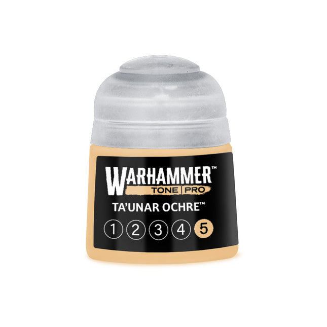 Warhammer Colour Tone Pro Ta'unar Ochre 5 verf in 512ml fles, zichtbaar in de verpakking met goudgele verf.
