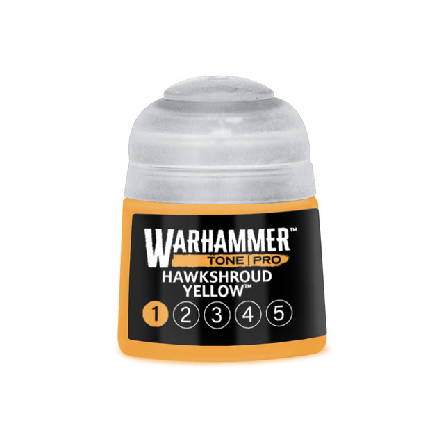 gele verfpot van Warhammer Colour Tone Pro Hawkshroud Yellow 112ml, verf voor miniaturen en modellen