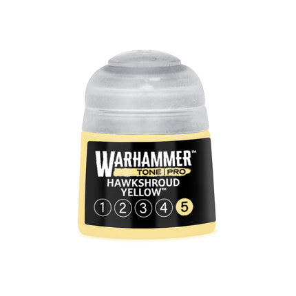 Geel verfpot van Warhammer Colour Tone Pro Hawkshroud Yellow 5, 512 ml, met verfpot en label zichtbaar.
