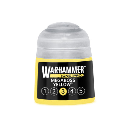 Geel verfpot van Warhammer Colour Tone Pro Megaboss Yellow 3, 312 ml, met verf in pot en label zichtbaar