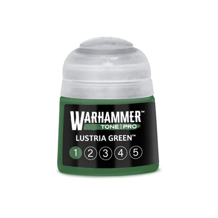 Groene verf van Warhammer Colour Tone Pro Lustria Green in een 11 ml fles, ideaal voor modelverf en miniaturen.