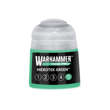 Groene verfpot van 512 ml van Warhammer Colour Tone Pro Hierotek Green, geschikt voor modelbouw en miniaturen