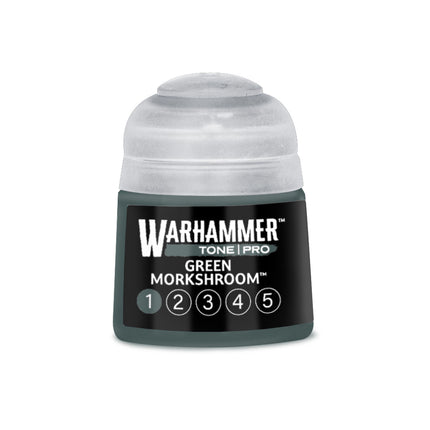 Groene verfpot van Warhammer Colour Tone Pro Green Morkshroom, 112 ml, met verf en decoratieve label.
