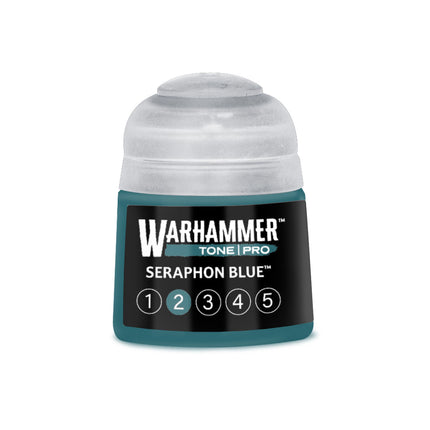 Blauwe verfpot van Warhammer Colour Tone Pro Seraphon Blue, 212 ml, geschikt voor miniaturen en modellen.