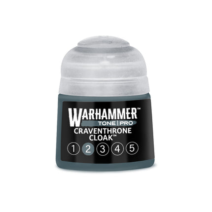 Verf van Warhammer Colour, Tone Pro Craventhrone Cloak 2, 212 ml, zichtbaar in een pot met donkergrijze kleur.