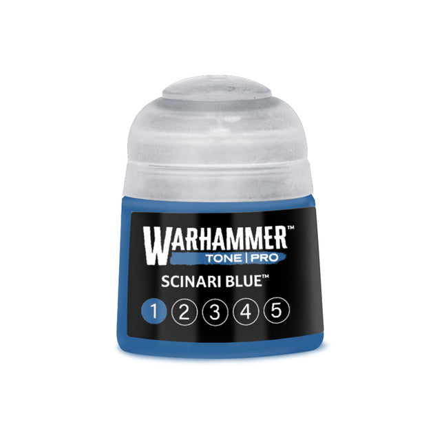 Blauwe verfpot van 112 ml van Warhammer Colour Tone Pro Scinari Blue, geschikt voor modelbouw en miniaturen.