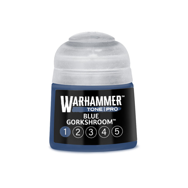 Blauwe verf van Warhammer Colour Tone Pro Blue Gorkshroom in 112ml verpakking, geschikt voor miniaturen en modelbouw.