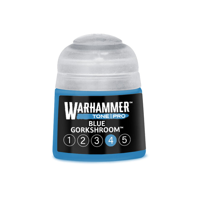 Blauwe verfpot van Warhammer Colour Tone Pro Blue Gorkshroom 4, 412 ml, met verf voor miniaturen en modellen.