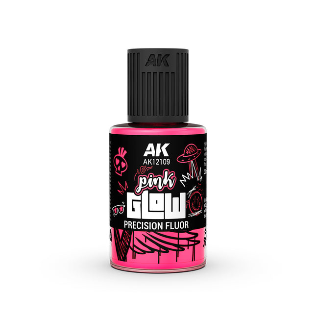 Ak Interactive Pink Glow Precision Fluor verf in een 30ML fles, heldere roze kleur voor modelbouw en kunstprojecten.