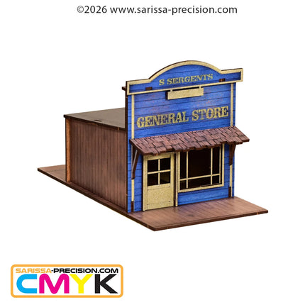Gedetailleerde Old West General Store en slagerij scenery voor 28mm miniaturen van Sarissa Precision.