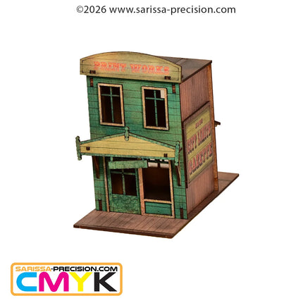Diorama van oude West stadsrand met Gazette Print Works Ruin, 28mm schaal, gedetailleerd model van Sarissa Precision.