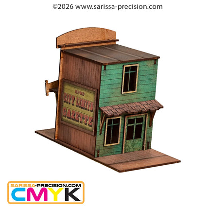 Dried stadsgezichtscenery van Sarissa Precision met oude hoekgebouwen en Gazette Print Works Ruin voor modelspoorbanen, 28mm schaal