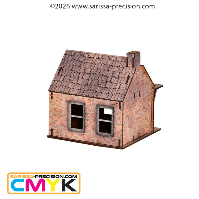 Gedetailleerde scenery van Sarissa Precision voor Old West The Stonehill Shack in 28mm schaal, met ruw houten structuur en authentieke uitstraling.