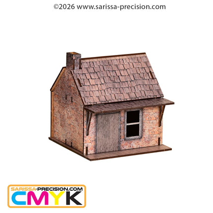 Dorpse Scenery van Sarissa Precision, Old West - The Stonehill Shack, gedetailleerde 28mm model van een rustiek huisje voor bordspellen.