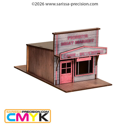 Scenery van een Old West General Store en Slagerij in 28mm formaat van Sarissa Precision, gedetailleerde miniatuur voor bordspellen